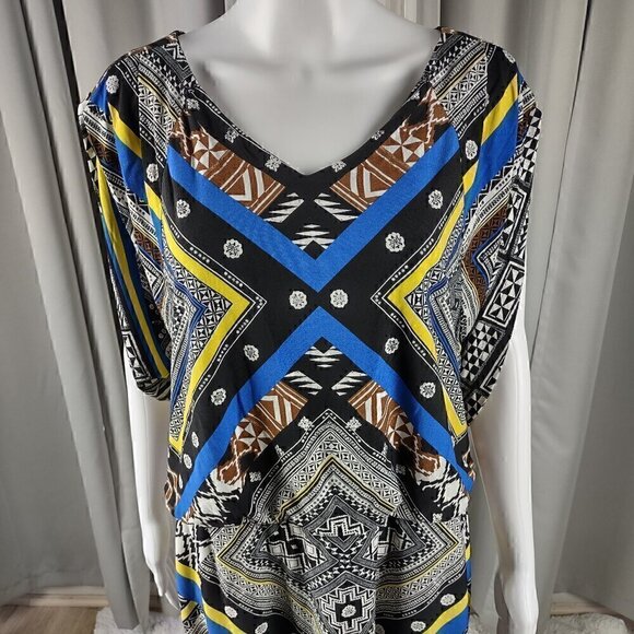 Emma & Michele Blue & Black Geometric V-Neck Stretch Blouson Shirt Dress Size L - Picture 2 of 13